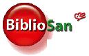 logo Bibliosan con scritta su fondo rosso